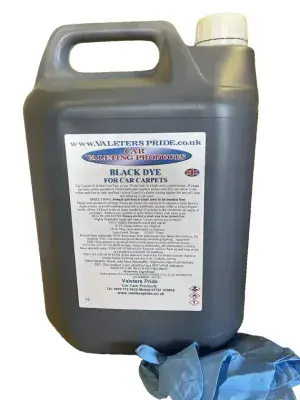 Black carpet dye with nitrile gloves for dying car carpets and rubber