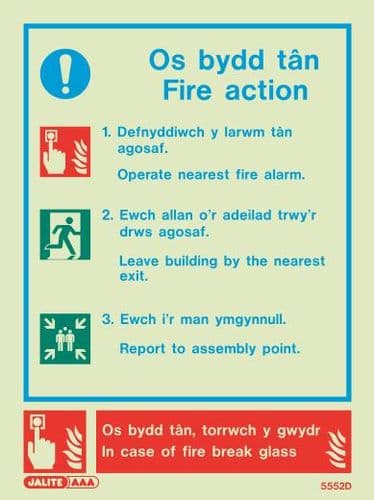 (5552DR) Jalite Welsh Fire Action Notice Sign Os bydd tan