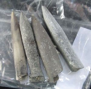 4 BELEMNITE GUARDS FROM BLOCKLEY BRICKWORKS.