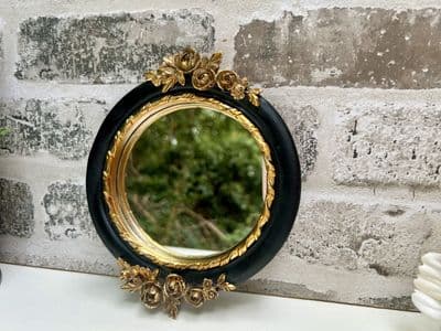 16cm Black & Gold Decorative Wall Flat Mirror w/ Floral Motif