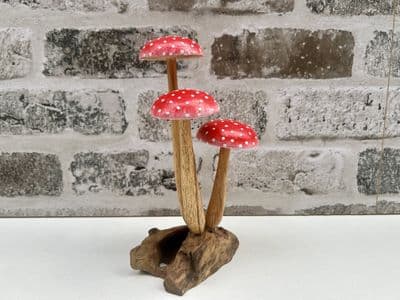 16cm Fly Agaric Red White Cap 3 Mushroom Root Wooden Ornament Sculpture