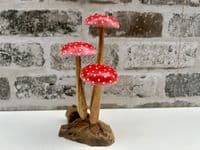 16cm Fly Agaric Red White Cap 3 Mushroom Root Wooden Ornament Sculpture