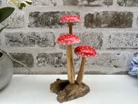 16cm Fly Agaric Red White Cap 3 Mushroom Root Wooden Ornament Sculpture