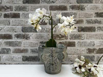 17cm Grey Stone Flower Planter Plant Pot - Plinth Ornate Design
