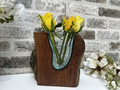 18cm Molten Glass Wedge Vase on Wooden Teak Root Flower Holder