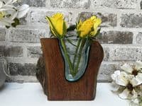 18cm Molten Glass Wedge Vase on Wooden Teak Root Flower Holder