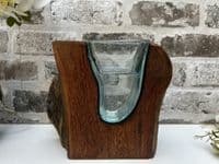 18cm Molten Glass Wedge Vase on Wooden Teak Root Flower Holder