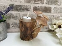 18cm Tealight / Incense Holder w/ Mushrooms Hand Carved Wooden Root Ornament