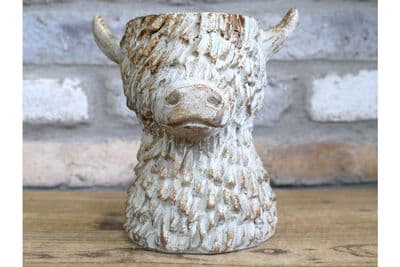 19cm Cute Highland Cow Head Planter Plant Pot Ornament Cream Gold
