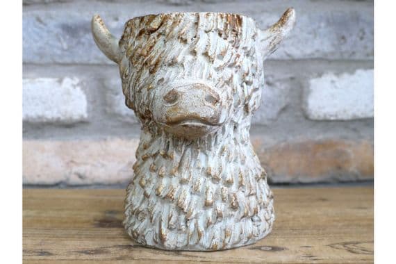 19cm Cute Highland Cow Head Planter Plant Pot Ornament Cream Gold