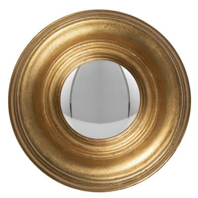 19cm Distressed Gold Convex Wall Mirror - Wooden Fisheye Style Porthole Design