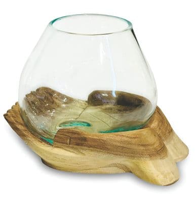 19cm Double Hand Hope Molten Glass Round Bowl Rustic Teak Root Wood Ornament