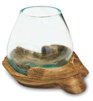 19cm Double Hand Hope Molten Glass Round Bowl Rustic Teak Root Wood Ornament