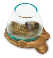 19cm Double Hand Hope Molten Glass Round Bowl Rustic Teak Root Wood Ornament