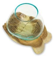 19cm Double Hand Hope Molten Glass Round Bowl Rustic Teak Root Wood Ornament