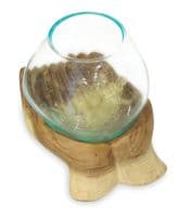 19cm Double Hand Hope Molten Glass Round Bowl Rustic Teak Root Wood Ornament