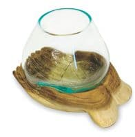 19cm Double Hand Hope Molten Glass Round Bowl Rustic Teak Root Wood Ornament