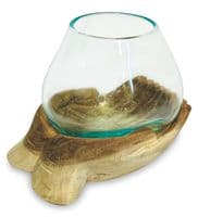 19cm Double Hand Hope Molten Glass Round Bowl Rustic Teak Root Wood Ornament