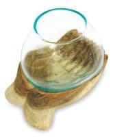 19cm Double Hand Hope Molten Glass Round Bowl Rustic Teak Root Wood Ornament