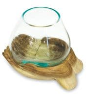 19cm Double Hand Hope Molten Glass Round Bowl Rustic Teak Root Wood Ornament