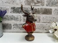 19cm Red Gentleman Suited Stag Deer Bust Ornament Figurine Regal Statue