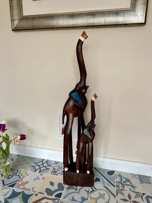 1m Huge Mother and Baby Elephant Hand Carved Wood with Mosaic Inlay