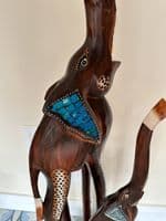 1m Huge Mother and Baby Elephant Hand Carved Wood with Mosaic Inlay