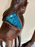 1m Huge Mother and Baby Elephant Hand Carved Wood with Mosaic Inlay