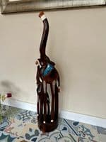 1m Huge Mother and Baby Elephant Hand Carved Wood with Mosaic Inlay