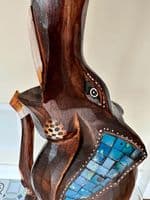 1m Huge Mother and Baby Elephant Hand Carved Wood with Mosaic Inlay