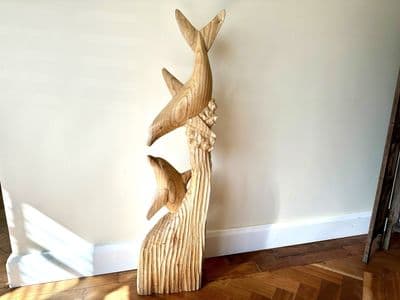 1m Huge Mother and Baby Playful Dolphins Hand Carved Wood Ornament