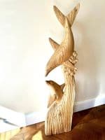 1m Huge Mother and Baby Playful Dolphins Hand Carved Wood Ornament