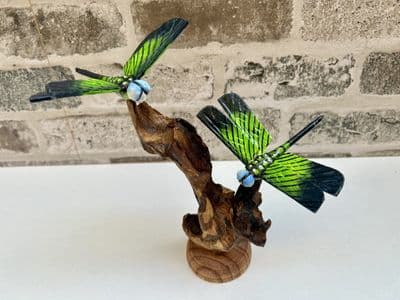 2 Emperor Dragonfly Sculptures on Wooden Driftwood Base Ornament Gift