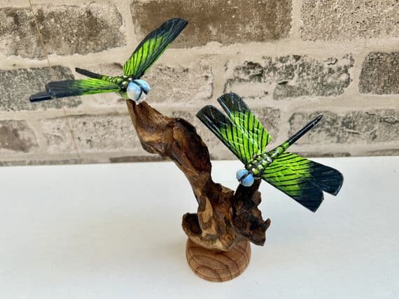2 Emperor Dragonfly Sculptures on Wooden Driftwood Base Ornament Gift