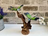 2 Emperor Dragonfly Sculptures on Wooden Driftwood Base Ornament Gift