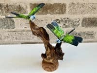 2 Emperor Dragonfly Sculptures on Wooden Driftwood Base Ornament Gift