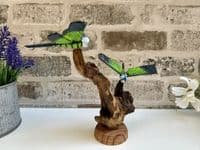2 Emperor Dragonfly Sculptures on Wooden Driftwood Base Ornament Gift