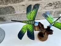 2 Emperor Dragonfly Sculptures on Wooden Driftwood Base Ornament Gift