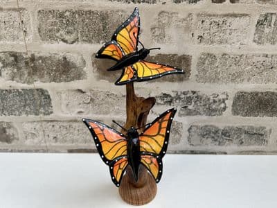 2 Monarch Butterfly Sculptures on Wooden Driftwood Base Ornament Gift