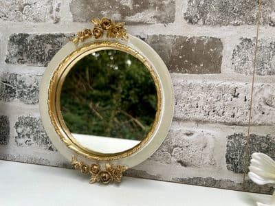 20cm Aged Cream & Gold Decorative Wall Flat Mirror w/ Floral Motif