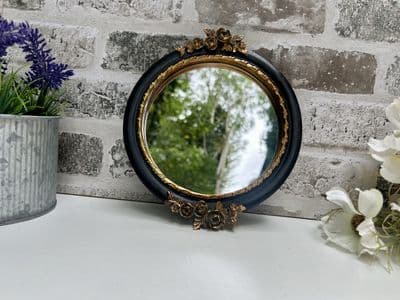 20cm Black & Gold Decorative Wall Flat Mirror w/ Floral Motif