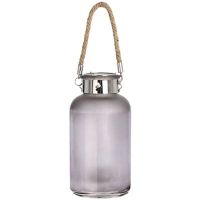 20cm Frosted Grey Glass Lantern with Rope Detail and LED