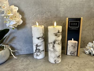 20cm LED Pillar Candle Marbled Grey Real Wax Natural Glow Flame Timer Batt Inc