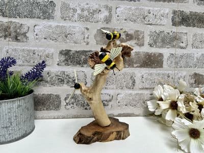20cm Three Yellow Bumblebees on Wooden Root Ornament Gift Figurine Apiary