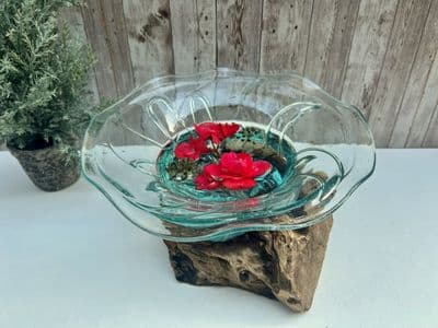 20cm Wooden Root Molten Glass Bowl w Flower Design - Teak Hardwood Unique Piece
