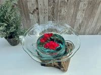 20cm Wooden Root Molten Glass Bowl w Flower Design - Teak Hardwood Unique Piece