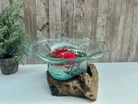 20cm Wooden Root Molten Glass Bowl w Flower Design - Teak Hardwood Unique Piece