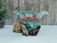 20cm Wooden Root Molten Glass Bowl w Flower Design - Teak Hardwood Unique Piece