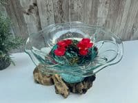 20cm Wooden Root Molten Glass Bowl w Flower Design - Teak Hardwood Unique Piece