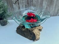 20cm Wooden Root Molten Glass Bowl w Flower Design - Teak Hardwood Unique Piece